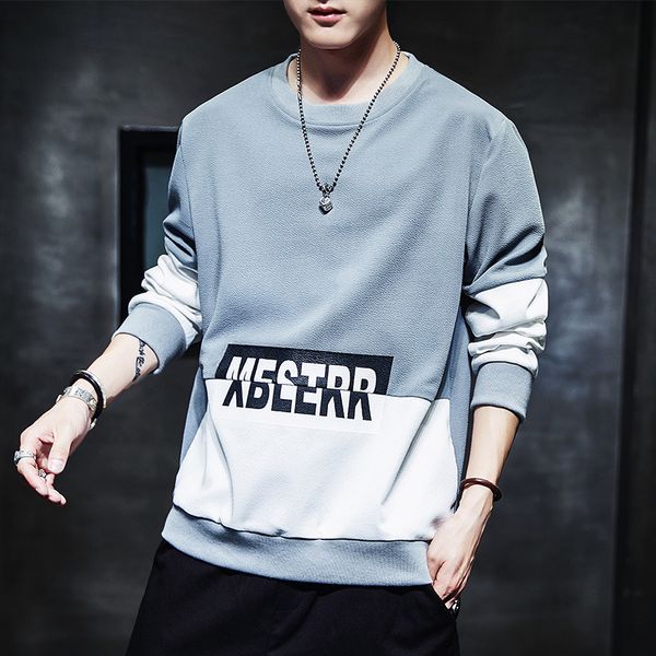 

casual letter print o neck men long sleeve patchwork cotton pullovers tracksuit sweat coat casual sportswear hoodies fashion, Black