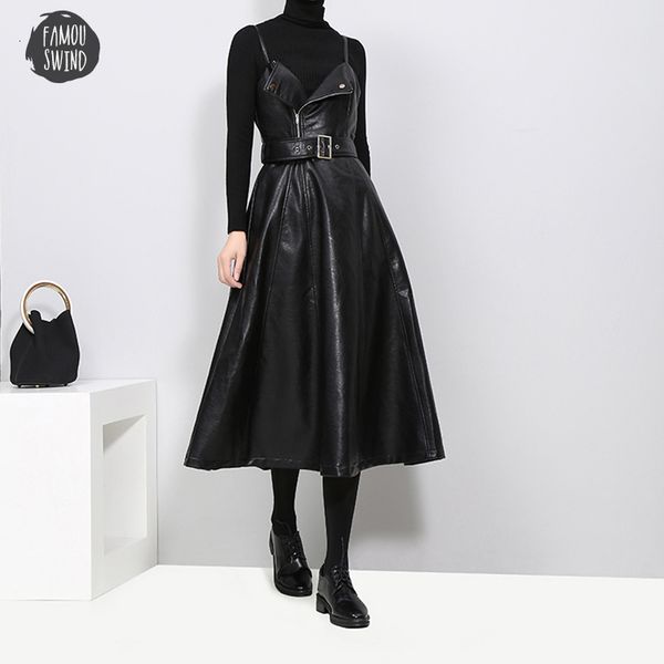 

2019 dress women faux leather black midi sleeveless belt a line spaghetti strap elegant party robe wear dress club, Black;gray