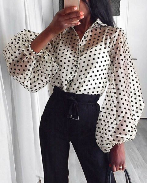 

hirigin women casual polka dot ladies baggy shirt blouse loose lantern sleeve v neck see through transparent blouse, White