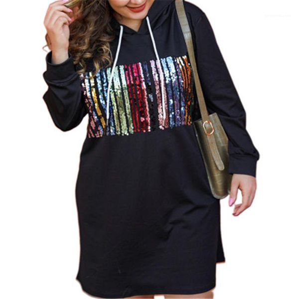 

long sleeve dress summer fashion plus size casual loose hoodie sweater print dress sports gift for female women casual colorblock, Black;gray