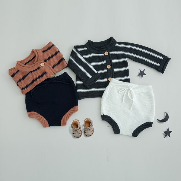 

baby boys girls striped cardigan knitted coton shorts 2pcs sets 2020 new kids spring autumn sweaters sets brown blue 6m-3y css12, White