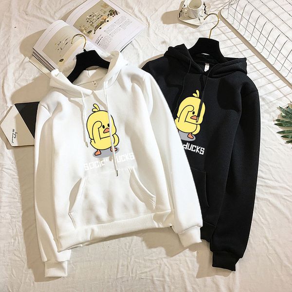 

2020 kawaii harajuku hoodies with pocket women duck print hooded sweatshirt spring fleece warm hoody pullovers streetwear, Black
