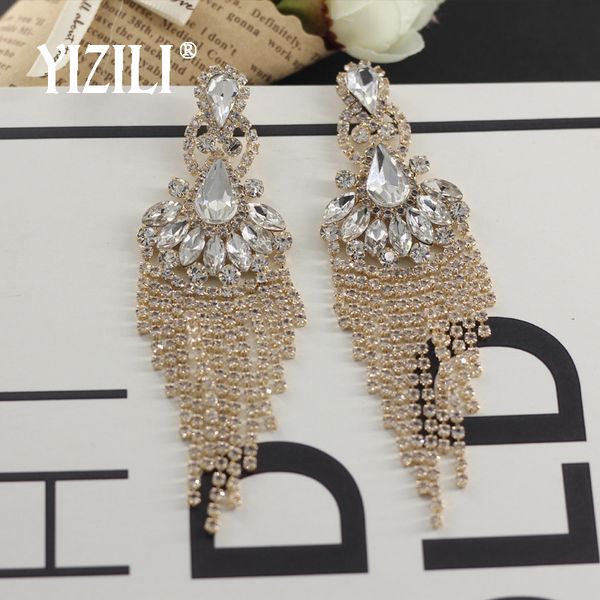 

yizili luxury exaggerated long tassel dangle earrings for women crystal shiny diamante earring vintage fringing jewelrye062, Golden
