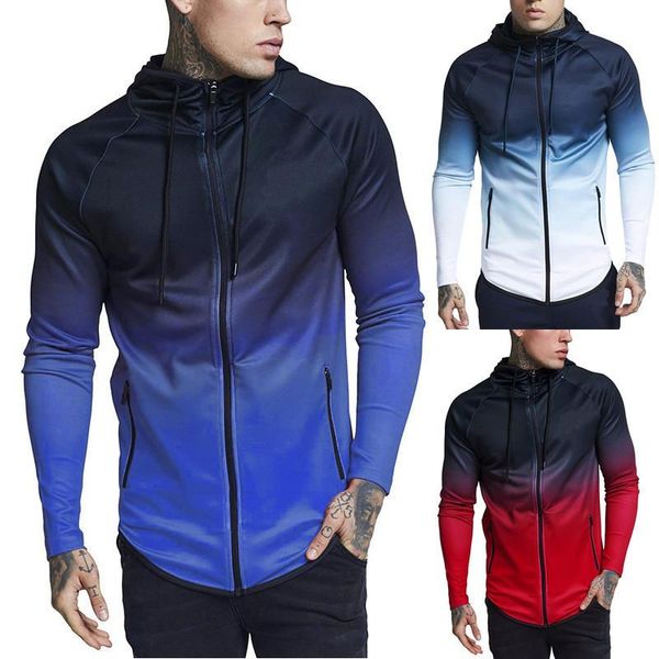

autumn mens designer hoodies fashion active style gradient color elastic long sleeved hooded cardigan hoodies mens apparel, Black
