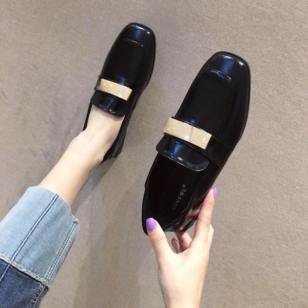 

leather women's shoes shallow mouth loafers woman oxfords low heels autumn casual female sneakers british style square toe, Black