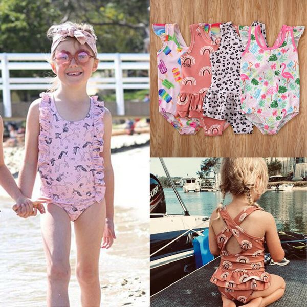 

baby girls print one-piece swimsuit swimwear sleeveless bodysuit toddler summer casual cotton swimming beach clothes, White