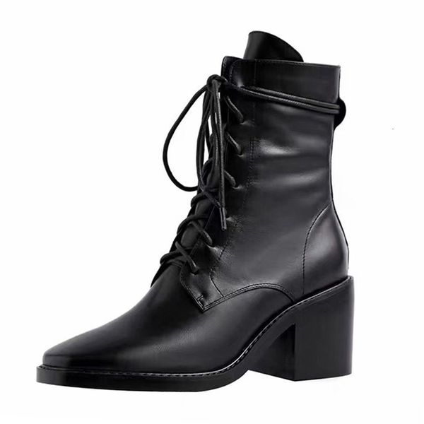 

vintage luxury springann demeulemeesterautumn and winter high-heeled thick with square head strap high female martin boots single boots, Red;white
