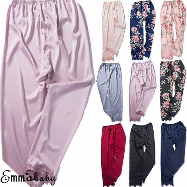 

women lady satin pyjama bottoms pants loungewear trousers sleep soft casual pant, Black;red