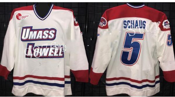

изготовленный на заказ джерси 5xl 6xl vintage rare umass lowell white#nick schaus hockey jersey вышивка сшитая настроить любое количество и, Black;red