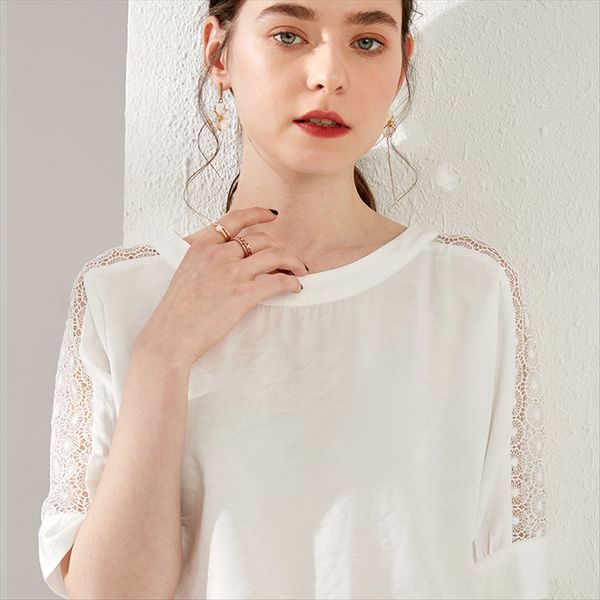 

2020 solid color short sleeve chiffon shirt big round collar loose simple hollow t-shirt female, White