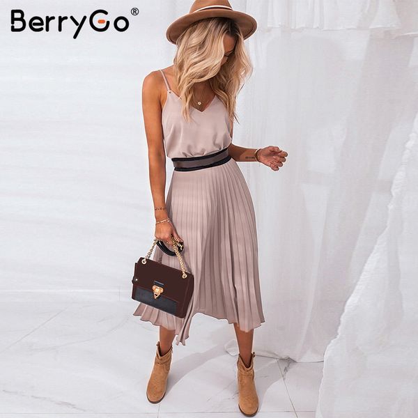 

berrygo spaghetti strap summer dress women a-line pink female pleated midi dress casual office ladies party dresses, Black;gray