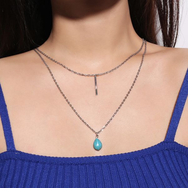 

maxi creative minimalist street sdrop turquoise metal strip tassel multi-layer necklace, Silver