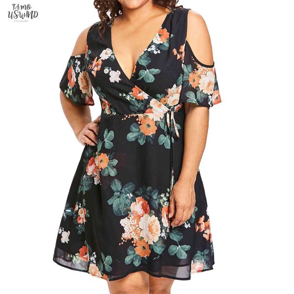 

women plus size dress cold shoulder floral overlay party dress half sleeves floral print beach dress robe femme l20, Black;gray