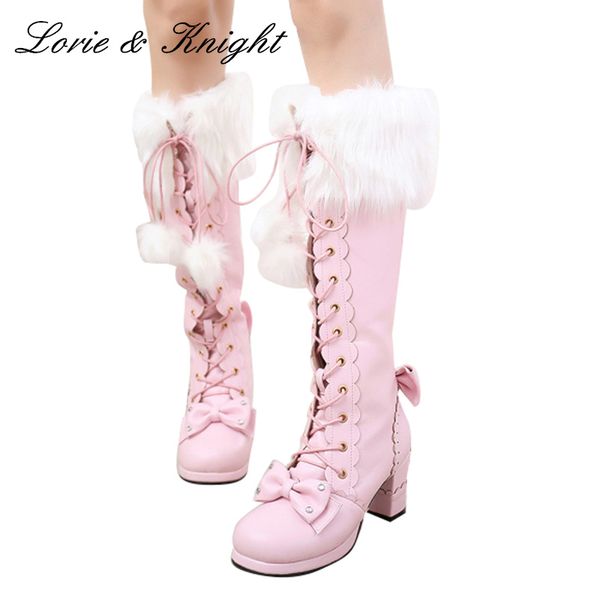 

japanese style sweet lolita long boots lace up bow princess boots chunky high heels winter, Black