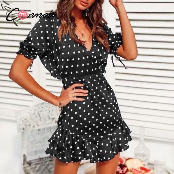 

conmoto backless ruffles vintage polka dot dresses women retro robe ruffles mini dress beach summer 2020 puff dress vestido, Black;gray