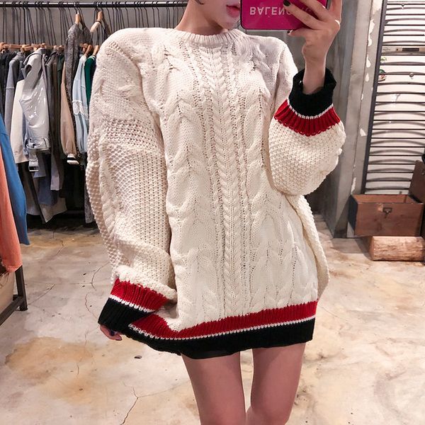 

yamdi 2019 autumn winter vintage loose v-neck women knitted pullovers long sleeve twist sweater female pullovers jumper korean, White;black