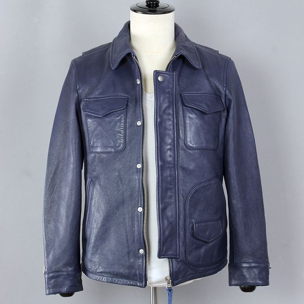 

2019 fashion genuine leather jacket men blue sheepskin multi-pocket motorcycle biker clothing lapel slim short m65 winter coat, Black