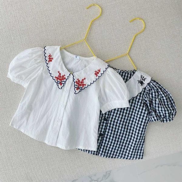 

amyababy 100% cotton toddler summer blouse peter pan collar plaid korean baby clothes little girls and blouses, White;black