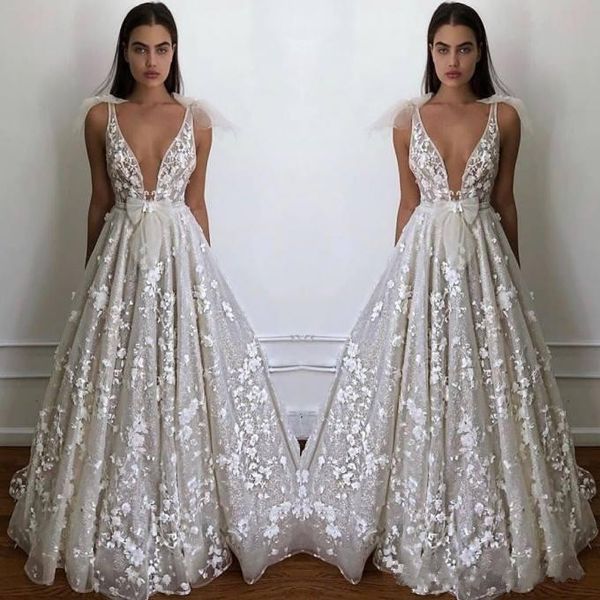 

2019 летний пляжный сад boho свадебные платья линия sexy глубокий v шеи аппликации установлены галстук-бабочку спинки свадебные платья дешев, White