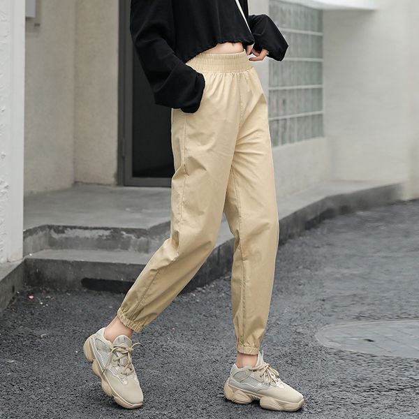 

2019 women cargo pants casual cotton elastic wasit trousers streetwear punk cargo pants women capris loose joggers trousers, Black;white