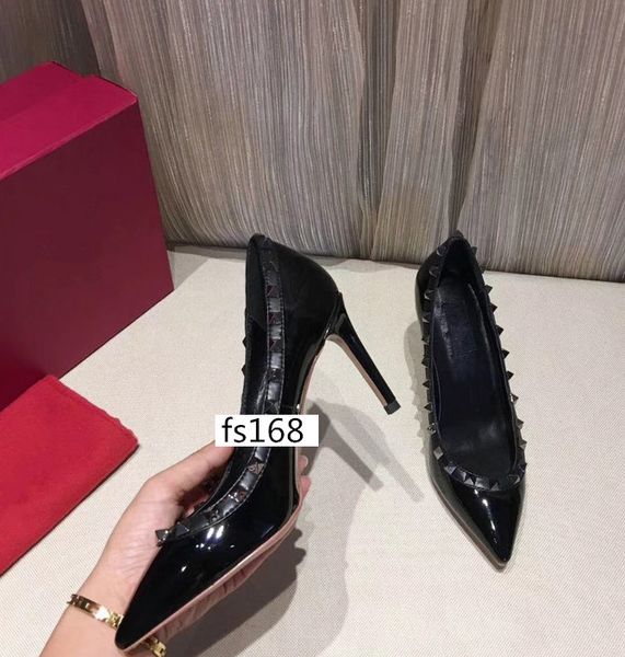 

designer pointed toe 2-strap with studs high heels leather rivets sandals women high-heeled shoes with box, Black