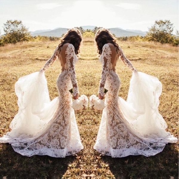

2020 lace illusion berta mermaid wedding dresses long sleeves sheer neck bridal dresses vintage wedding gowns ba8569