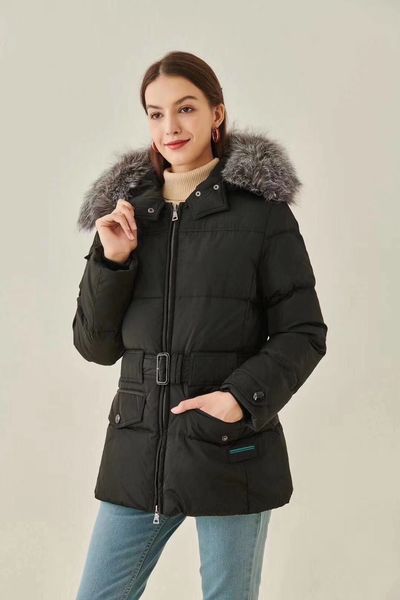 

women's hooded down jacket short down jacket detachable large fur collar parkas thick belt slim feather outwear2019 new winter jacket q, Black