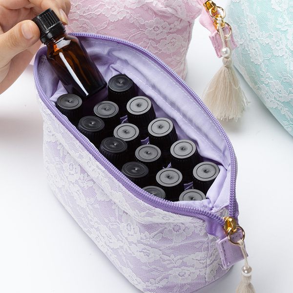 

tassel fringe thick canvas lace pattern women lady cosmetic bag 15ml bottle essential oil bag elastic band inside