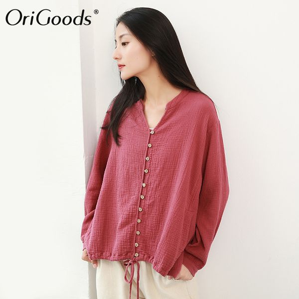 

origoods vintage coats women cotton linen 2019 autumn coat v-neck plus size chinese style coat jackets kawaii blusas h043, Black;brown