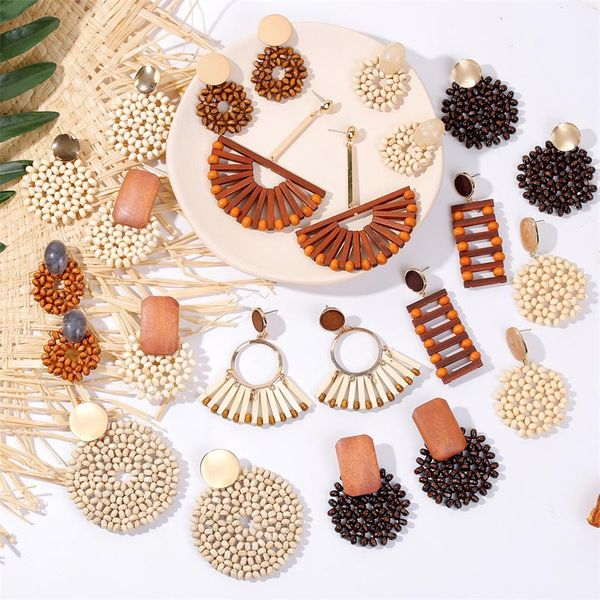 

2019 fashion boho round square geometric wooden drop earrings for women bohemian vintage wood beaded dangle earring jewelry gift, Silver
