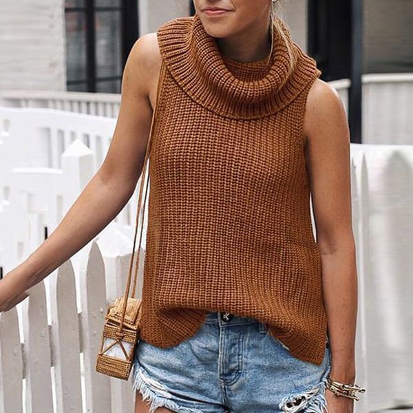 

women sweaters knitted pullovers turtleneckÂ lady autumn vest sleeveless thin jumper blouseÂ mujer warm knits stylish, Black;white