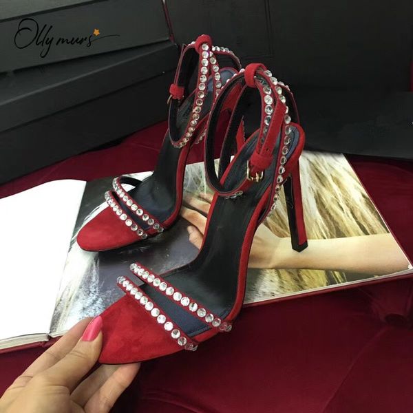 

ollymurs new spring summer black green women sandals open toe crystal buckle thin high heel women sandals party shoes woman