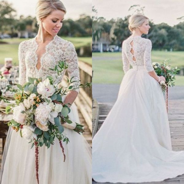 

2019 elegant long sleeves lace tulle bridal dress a line long v neck covered button wedding dress, White