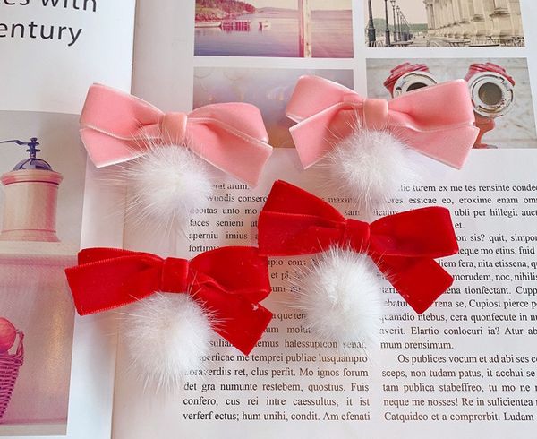 

10pcs fashion cute fur pom pom ribbon bow hairpins velvet bowknot hair clips princess xmas new year headwear hair accessories, Slivery;white