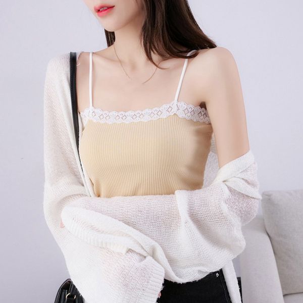

women's korean lace stitching knitted camisole slim versatile short bottoming camisole temperament knitted, Black;white