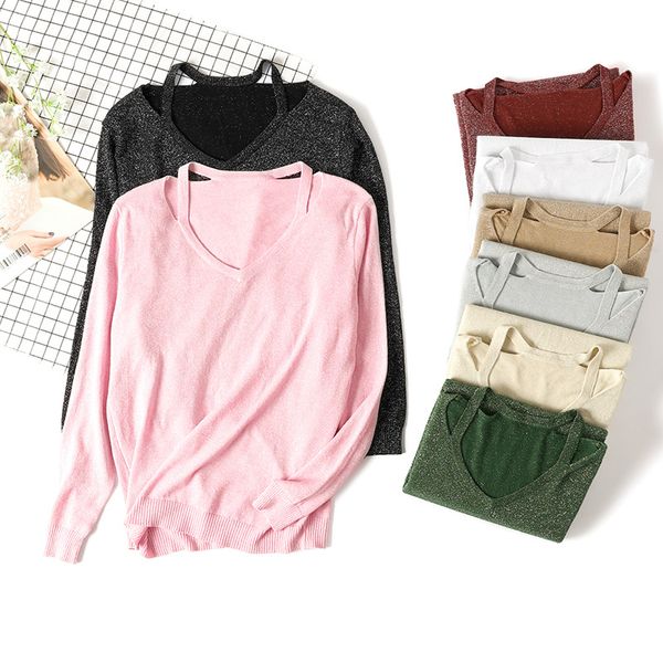 

блестящие женщины свитер свободные пуловеры спагетти ремень сексуальные трикотажные топы с длинным рукавом основной свитер 2018 новая мода к, White;black