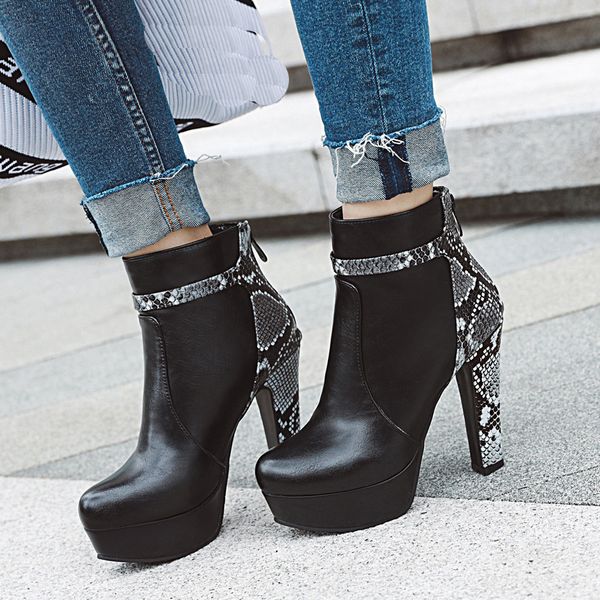 

women's boots soft leather round toe thick heel ankle boots for women zipper snake stitching winter women chaussures femme, Black