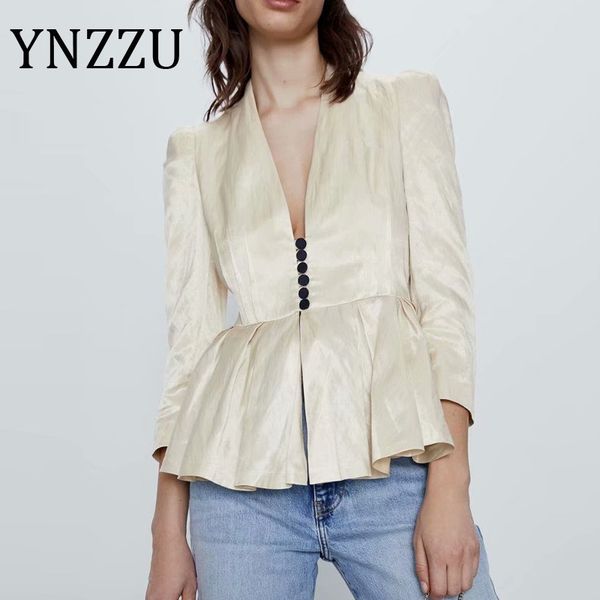 

ynzzu metal satin elegant office lady blazer coat 2020 spring solid v neck buttons slim jacket for women blazer feminino a1482, White;black