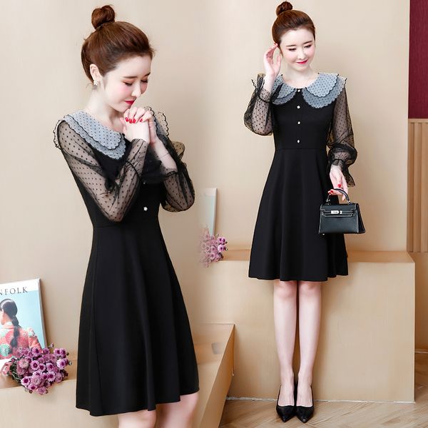 

hayblst brand dress women 2020 new spring plus size 5xl elegant vestidos long sleeve loose korean stysle mesh patchwork clothing, Black;gray