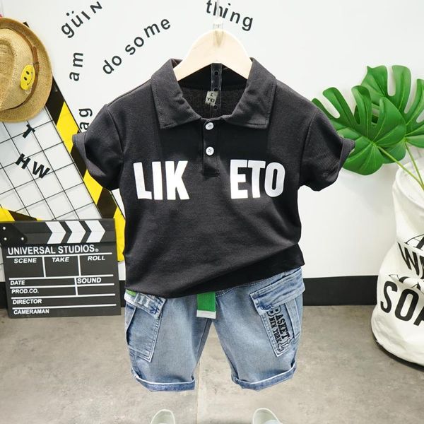 

2pcs wlg boys clothing set kids letter printed short sleeve t shirt and denim blue short set baby boy fashion clothes for 2-6t, White
