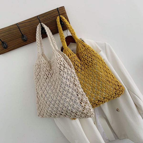 

hollow out fishing net bags for women 2019 woven straw bag vintage holiday female beach bag knitting shoulder handbag totes #h25