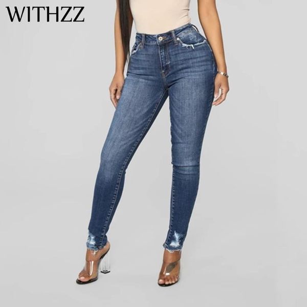 

women's jeans withzz spring slim high waist ripped pencil pants, Blue