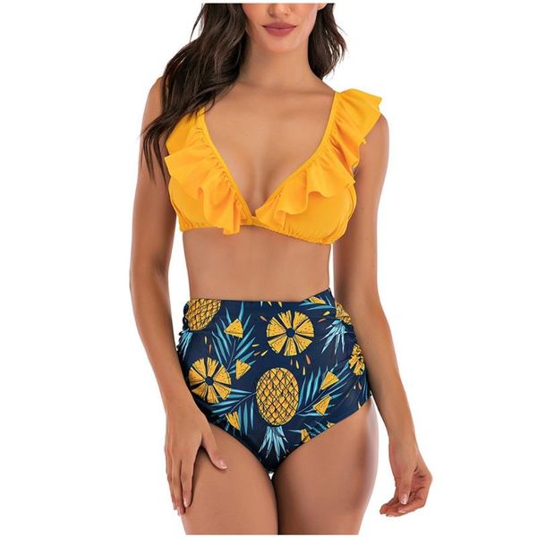

2020 summer fashion lotus leaf bikini set women two piece plus size backless halter beach ruffle print swimwear set