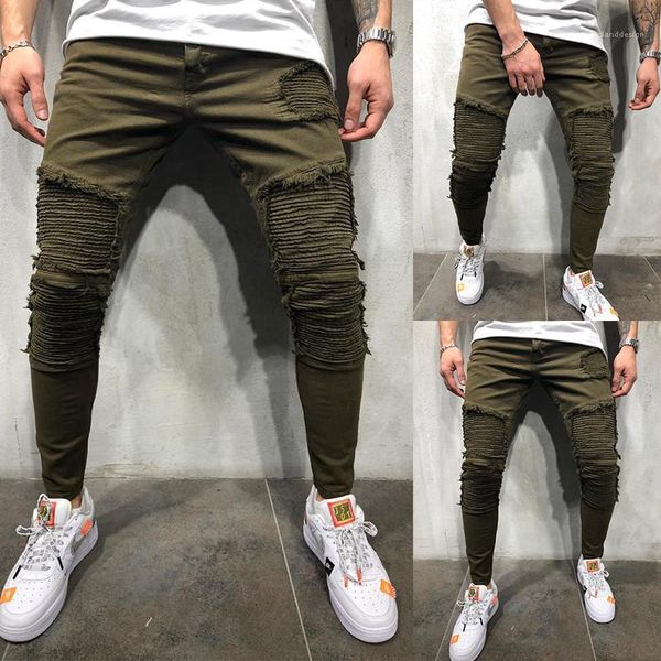 

jeans fashion army green ripped pencil pants 20ss new casual homme long trousers men ruched designer, Blue