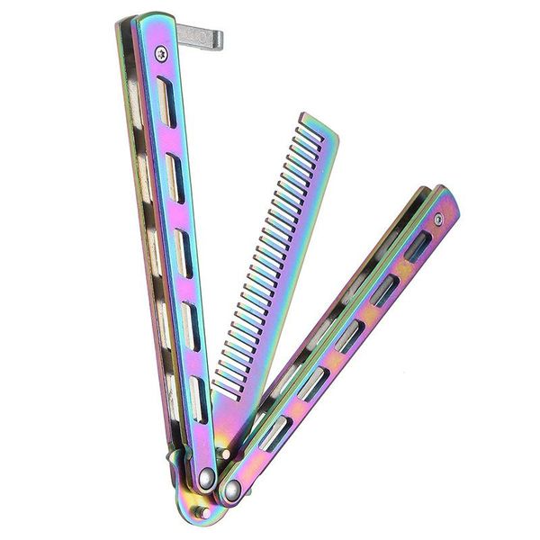 

rainbow foldable comb stainless steel practice training butterfly knife comb beard & moustache styling tool, Silver