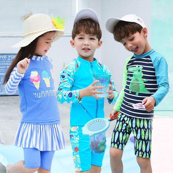 

2020 long-sleeved sunscreen split stripes medium and large children's swim three-piece spring diving surfing swimsuit suit, White;black