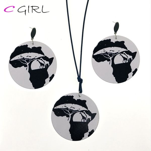 

c girl wood drop earring necklace sets new africa black tree giraffe pendant white round long necklaces jewellery, Silver