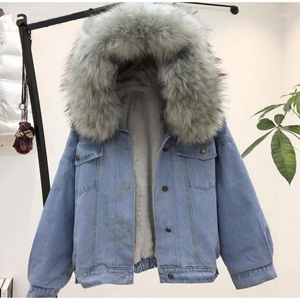 

women jean jacket winter thick jean jacket faux fur collar fleece hooded denim coat female warm denim outwea1, Black;brown