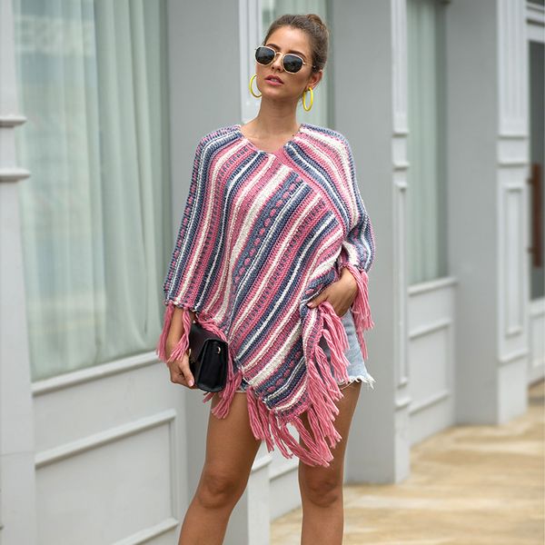 

striped woman sweater autumn winter tassel cloak female o-neck lady knit sweater, Black