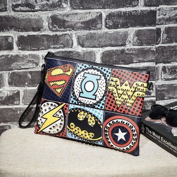 

factory wholesale men bag contrast leather envelope cartoon printed mens and women shoulder bags personality rivet punk clutch handbag, Black;red
